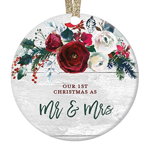 DIGIBUDDHA-Rustic-Mr-Mrs-Ornament-First-1st-Christmas-Married-Bridal-Shower-Gift-Newlyweds-Bride-Groom-Farmhouse-Ceramic-Keepsake-Present-3-Flat-Circle-Porcelain-with-Gold-Ribbon-Free-Box DIGIBUDDHA Rustic Mr Mrs Ornament First 1st Christmas Married Bridal Shower Gift Newlyweds Bride Groom Farmhouse Ceramic Keepsake Present 3 Flat Circle Porcelain with Gold Ribbon Free Box