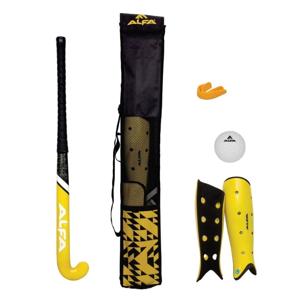Alfa Kit de Hockey Composite | Jaune | Kit Complet avec Raquette Composite, protège-Tibias, protège-Dents, Balle et Sac | Kit de Hockey Tout-en-Un | Idéal pour Les débutants et Les confirmés