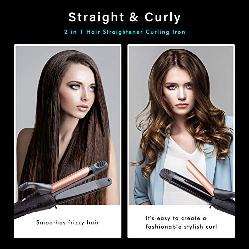 AmoVee 2 in 1 Flat Iron Curling Iron Hair Straightener, Dual Voltage, 1 inch, Carry Bag Included (Black)