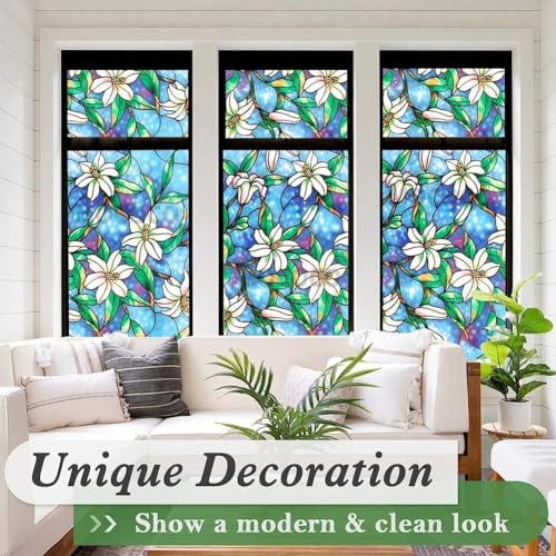 Image of MOCOCO Premium Vinyl Privacy Stained Window Glass Sticker (16x60 Inch) - Self-Adhesive Decorative Film Opaque Sheet Tint Wallpaper for Glass Cover Window, Door, Office.| Anti-UV. Blue Lily Flowers