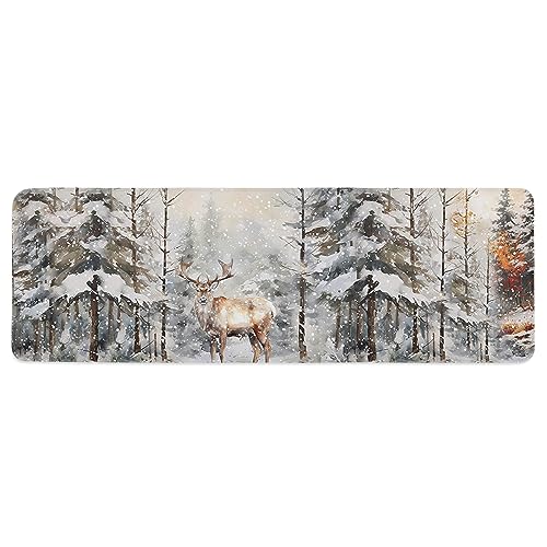 Libaoge Christmas Kitchen Mat Rug 1 PCS Watercolor Elk and Tree Farmhouse Runner Rug Anti-Fatigue Comfort Memory Foam Standing Mat Non-Slip Floor Door Mat for Bathroom Bedroom 20x63in