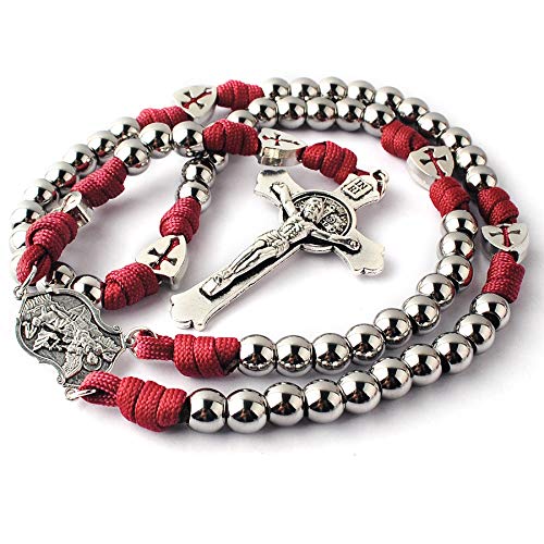 HanlinCC Large and Heavy Stainless Steel Beads Rugged Durable Paracord Rosary Necklace for Men with St.Michael Center Piece and St.Benedict Crucifix