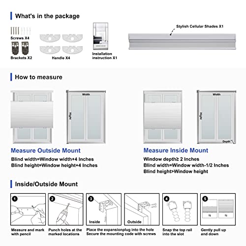 Berissa Blackout Top Down Bottom Up Cellular Shades Cordless Honeycomb Blinds For Windows Custom Size Honeycomb Shades For Bedroom Office, White, 46" W X 56" H #TOP5