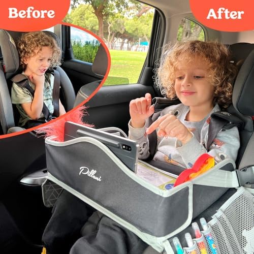 PILLANI Kids Travel Tray for Car - Car Seat Tray with Activity Sheets & Pens, Road Trip Essentials for Car & Airplane, Must Have Toddler Travel Lap Desk Accessories - Road Trip Activities for Kids - 2