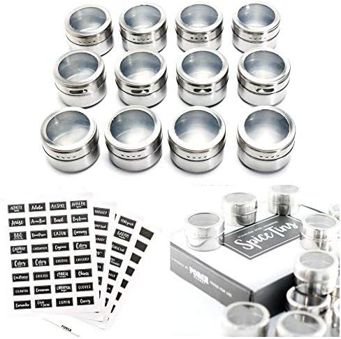 FORCE MAGNET Upgraded LIDS - 12 Magnetic Spice Tins, 128 Custom Awesome Spice Labels, Free Pen Round Storage Spice Jars Set of 12, Clear Top Lid, Real Stainless Steel