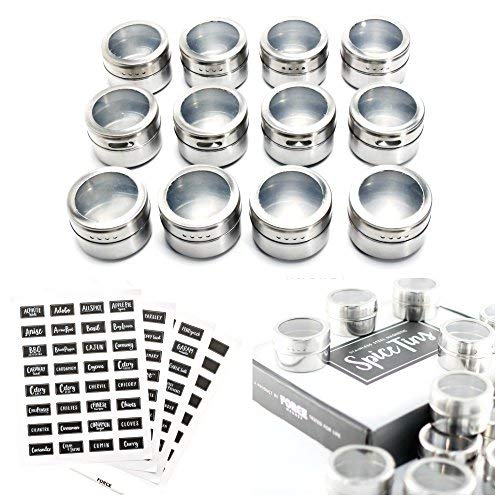 Force Magnet Upgraded LIDS - 12 Magnetic Spice Tins, 128 Custom Awesome Spice Labels, Free Pen Round Storage Spice Jars Set of 12, Clear Top Lid, Real Stainless Steel