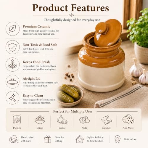 Image of Pure Source India Ceramic Pickle Jar with Lid | Airtight Ceramic Storage Container for Pickles, Chutney, Spices & Dry Snacks | Glossy Handmade Kitchen Storage Jar (1, litres)
