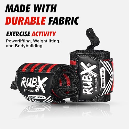 Image of RUBX Premium Wrist Wraps for Gym Workout - Adjustable Wrist Support Straps for Weightlifting, CrossFit, Powerlifting, Training - Men & Women Gym Accessories with Thumb Loop (Red)