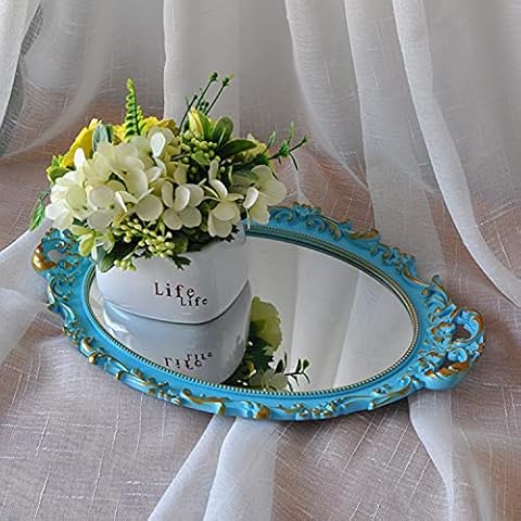 Yamfurga Oval Decorative Mirror Tray, French Style Flower Frame, Makeup Organizer, Jewelry Organizer, Serving Tray, 9.8"x 14.6", Golden Blue Cover