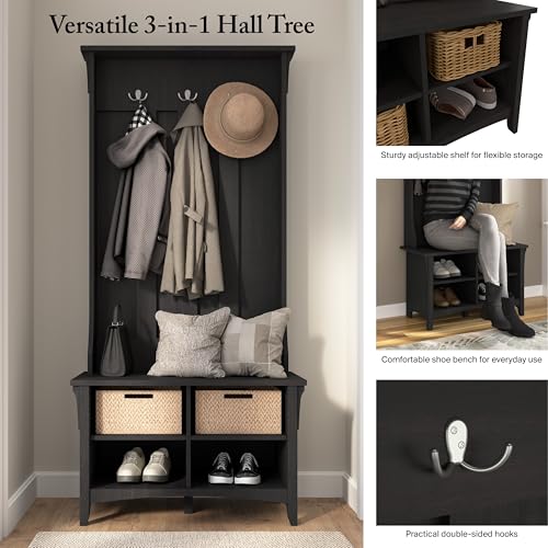 Image of Bush Home Salinas Hall Tree with Shoe Storage Bench in Vintage Black, Multi-Purpose Home Organizer, Entryway Solution with Seating and Hooks