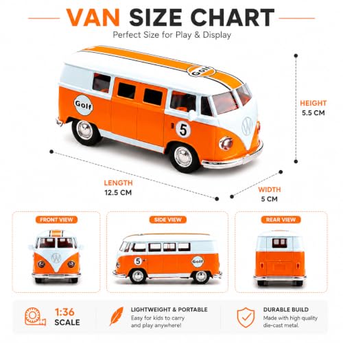Image of 1:36 Scale Volkswagen T1 Samba Bus Die Cast Model - Gulf Racing Edition, Pull Back Action, Dual Openable Side Doors, Zinc Alloy Metal Body, Vintage Collectible Toy Van for Kids & Adults