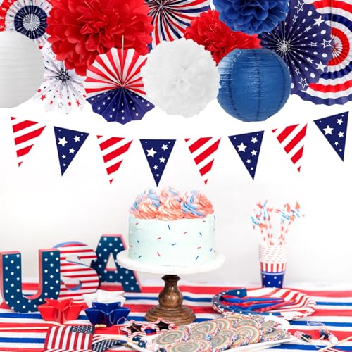 Image of Red-White Blue Memorial-Day Patriotic Decorations - 21pcs 4th Fourth of July Paper Lanterns Fans,Tissue Pom Poms Streamers,Honeycomb Balls,USA Americana Independence Banner Decor Burgleda