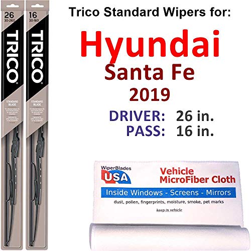 Wiper Blades Set for 2019 Hyundai Santa Fe Driver/Pass Trico Steel Wipers Set of 2 Bundled with MicroFiber Interior Car Cloth