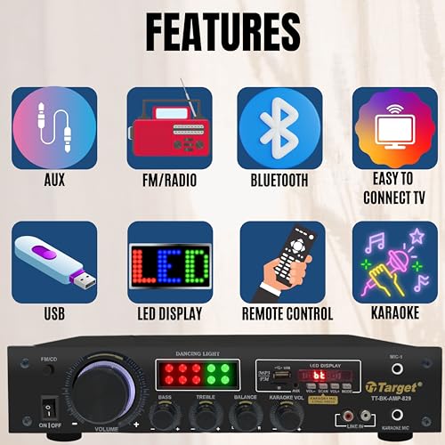 Image of Target TT-BK-AMP-829 Hi Fi Stereo Amplifier with 150 Watts RMS Featuring USB,AUX,MIC, AV 2RC-Built in Bluetooth, Easy TV Connect with 4440 Double IC