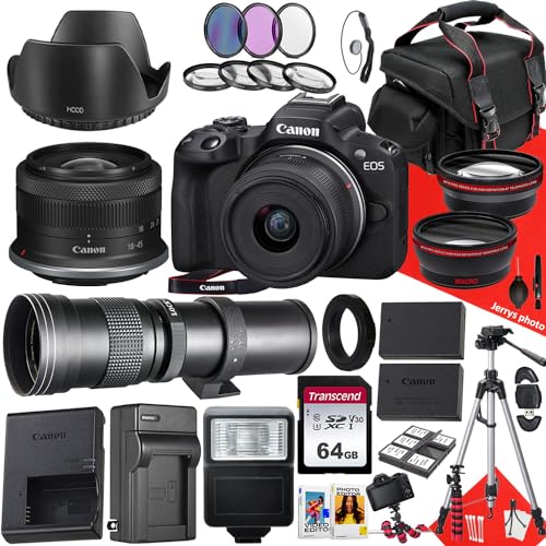 Canon EOS R50 Mirrorless Camera with RF-S 18-45mm f/4.5-6.3 is STM and 420-800mm f/8.3 HD Telephoto Zoom Lens + 64 GB Memory + Filters + Tripod + More (30pc Bundle) (Renewed)