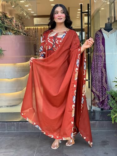 Image of GoSriKi Women's Rayon Viscose Anarkali Printed Kurta with Pant & Dupatta