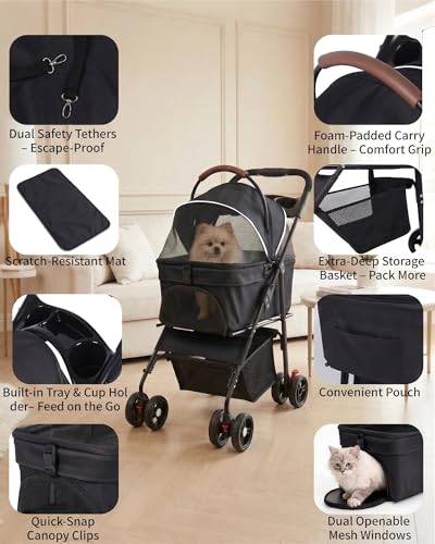 Pet Stroller with Removable Carrier, 35lbs Capacity - One-Click Foldable Dog Stroller, Cat Carrier & All-Terrain Wheels, Compact Travel Pet Stroller for Small to Medium Pets-Black - Image 5