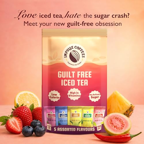 Image of Impulse Coffees Guilt Free Iced Tea Powder - Assorted Variety Pack | 5 Flavors - Lemon, Blueberry, Strawberry, Pineapple, Guava Chilli | Zero Refined Sugar | Vitamin C & B-Complex | 20g X 40 Sachets | 800g