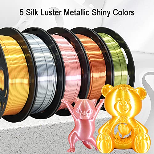 Image of 1.75mm Silk PLA Filament 5 in 1 Bundle Pack, 5 Silk Metallic Shiny Colors: Gold /Silver /Copper /Bronze /Rose Gold, Each Spool 250g, 5 Spools, Total 1.25Kg 3D Printing Material, 250g x 5 Spools