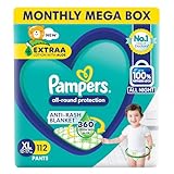 Pampers All round Protection Pants Style Baby Diapers, X-Large (XL) Size, 112 Count, Anti Rash Blanket, Lotion with Aloe Vera, 12-17kg Diapers