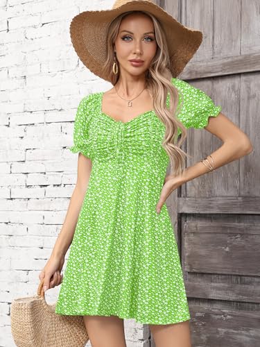 Image of Missufe Women's Puff Short Sleeve Drawstring Ruched Front Fit and Flare Floral Summer Casual Short Dress