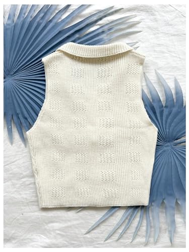 Image of Verdusa Women's Button Down Cropped Sweater Vest Sleeveless Waistcoat Crochet Knit Top Apricot Medium