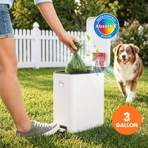 Image of iTouchless 3 Gallon / 12 Liter Dog Poop Trash Can with AbsorbX Odor Filter - Outdoor Pet Waste Receptacle with Step Pedal - Soft Close Metal Garbage Bin for Yard, Patio, Bathroom, Matte White