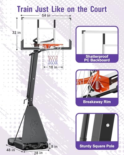 Image of TONBUX Basketball Hoop Outdoor 44 /48 /54 Inch PC Backboard, 10FT Adjustable Basketball Goal, Portable Basketball Hoop for Kids /Teens /Adults in Backyard, Driveway and Indoor