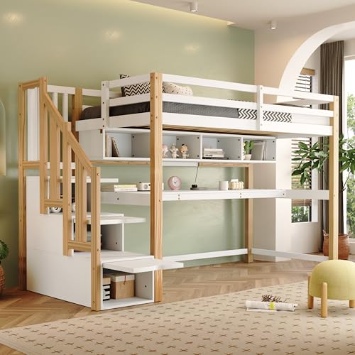 Sapgaks Lit superposé Enfant 90 x 200 avec Bureau et étagères,lit cabane Enfants 90 x 200,lit Mezzanine 1 Places avec Barriere,avec escalier de Rangement,Bois Massif...