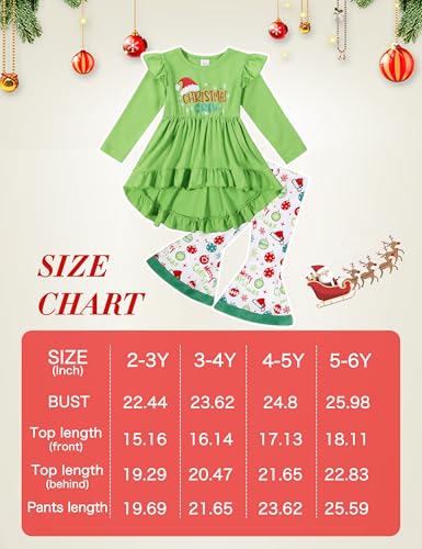 Image of Toddler Girl Christmas Outfit 2t-3t Girls Christmas Outfits Christmas Crew Green Ruffle Long Sleeve Top Christmas Pattern Bell Pants 2pcs Sets