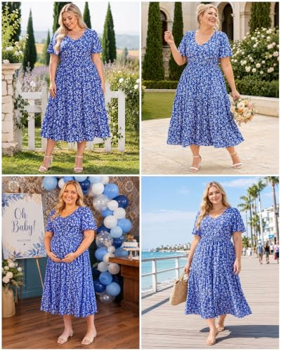 Image of Women's Plus Size Summer Dresses Floral Casual Tiered Midi Dresses V-Neck Short Sleeve Long Maxi Dress with Pockets