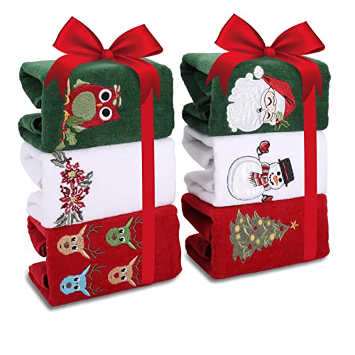Christmas Kitchen Towels Set Of 6, Cotton Christmas Hand Towels For Bathroom, Embroidery Design Holiday Tea Towels Fingertip Towels, Soft Kitchen Dish Towel, 12X18" (Red Green White) #TOP7
