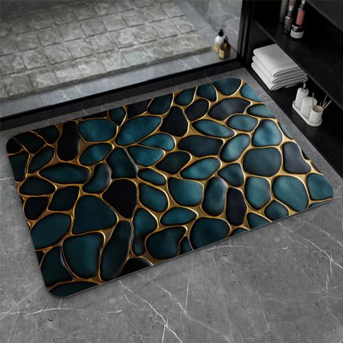 ZHUZHISHAN Diatomaceous Earth Bath Mat,Blue and Gold Stones Non-Slip Volume Super Absorbent Fast Drying for Bathroom Kitchen mat,Eco-Friendly Easy to Clean 16×24Inch (40 * 60cm)