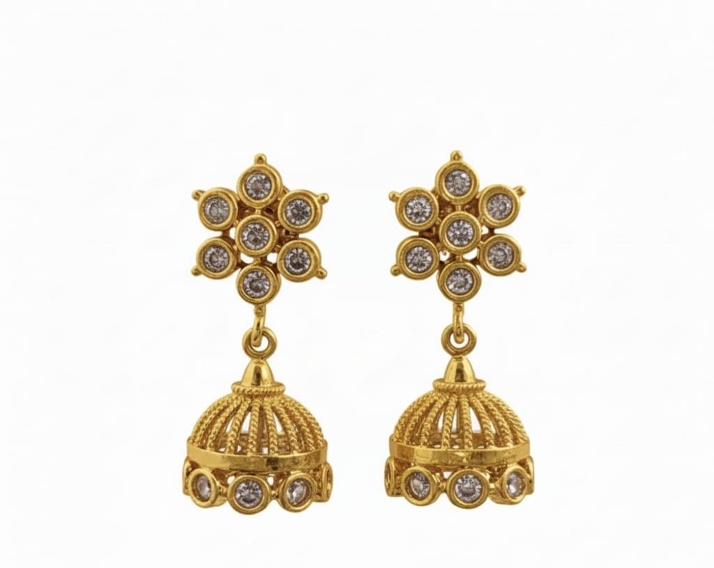 Five Metal Gold Plated Stone Jhumka Earrings, Traditional Panchaloha Design, Water Resistant, for Women and Girls/impon stone jhumka-image-27