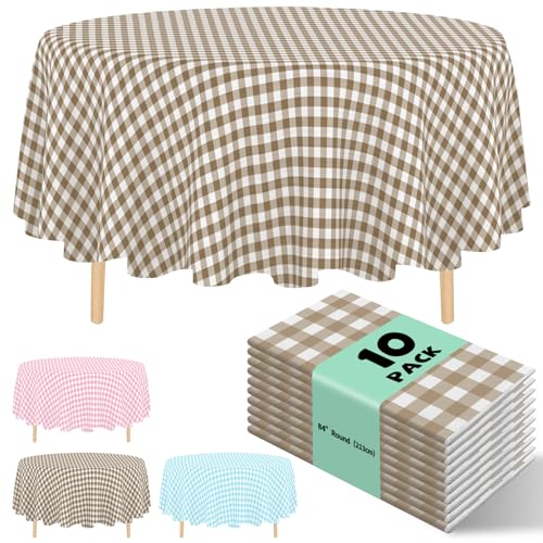 JHDZDHY 10 Pack Brown Checkered Round Tablecloth 84 Inch Round Plastic Table Cloth Disposable Waterproof Table Cover for Wedding Birthday Bridal Shower Party Decorations