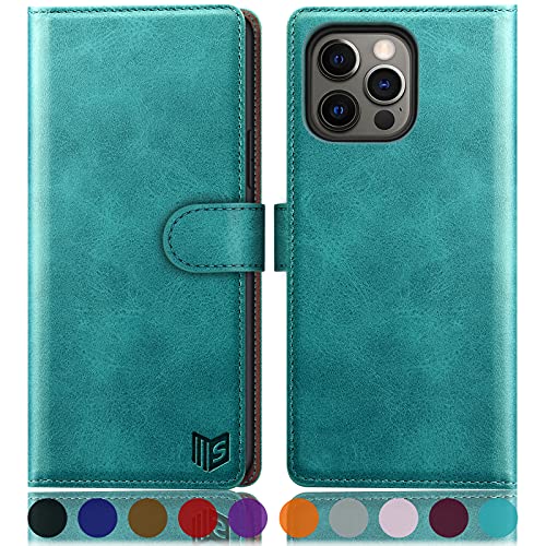 Étui portefeuille iPhone 13 Pro bleu vert housse clapet protection intégrale