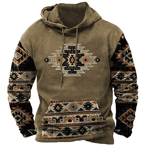 orders placed by me Hoodies for Men Pullover Western Aztec Ethnic Long Sleeve Hooded Sweatshirts Casual Ethnic Print Graphic Hoodie halloween sweatshirt men vintage Brown 2X