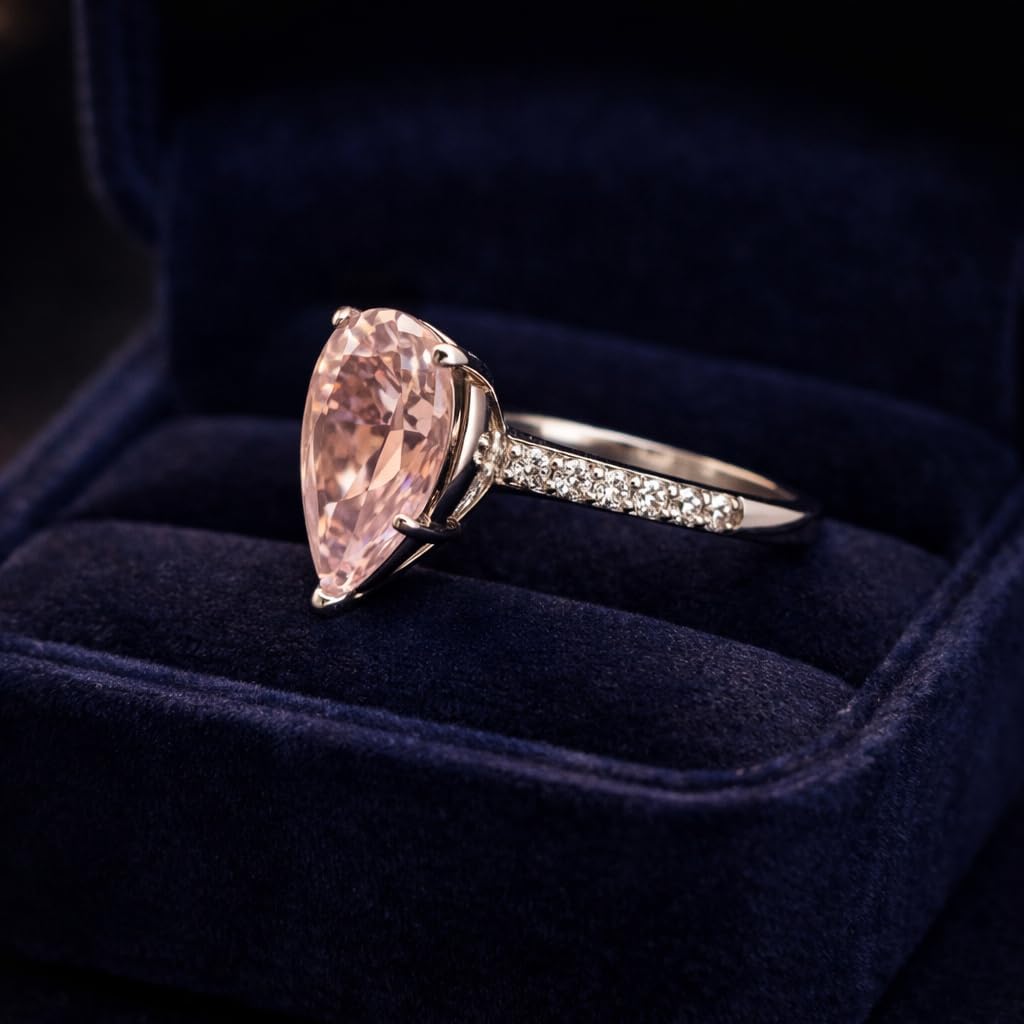 Pear Cut Morganite Engagement Ring for Women 14K White Gold Solitaire Ring with Diamond Band Peach Pink Gemstone Bridal Promise Jewelry Gift for Her