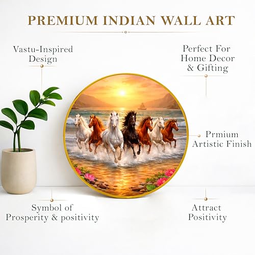 Image of 7 Running Horses in Water Round Wall Art Painting With Frame For Living Room| Vastu Prosperity Decor Framed Painting | Round Artistic Wall Hanging for Home, Office & Gifting, 12 Inch