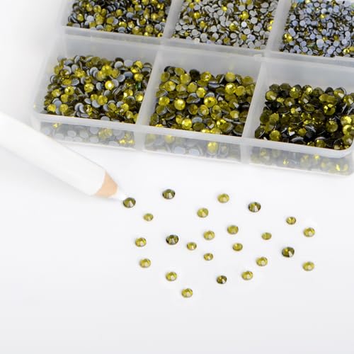 Image of Bymitel Hotfix Crystal Rhinestones Round Gems for Crafts,Mixed 6 Sizes with Wax Pencil Kit, Olivine 1.3-3.2mm(SS3-SS12 /8000pcs)