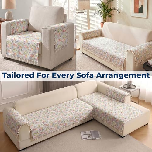 Image of Story@Home Quilted Anti Slip Sofa Cover Mat with 2 Armrest Cover, 3 Seater Velvet Sofa Protector with Tassels | Sofa Cover Mat for 1 /2 /3 Seater & L-Shape Sofa - 76 x 178 Cm - White & Multi Color