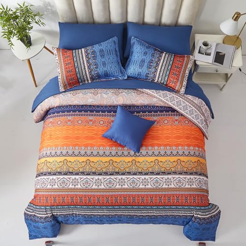 Image of Cottolester Boho Comforter Set Full Size 8 Piece Bed in a Bag Burnt Orange Paisley Fall Comforter and Sheet Set Bohemian Striped Bedding Set,Soft Microfiber Complete Bedding Set