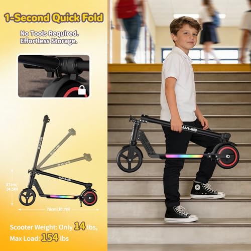 Image of SIMATE Electric Scooter for Kids 6-14, e Kick Scooter with LED Display and Colorful Lights, Adjustable Height and Foldable, Double Brake, Gifts for Kids Girls Boys