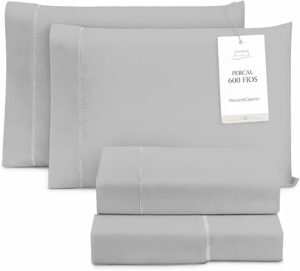 Jogo De Lençol Cama Box Queen 4 Peças Percal 600 Fios Toque Macio Cinza