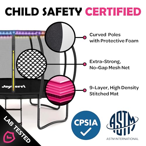 Image of JoyBerri Upsurge Trampoline Outdoor - ASTM Certified Safe 8Ft 10Ft 12Ft 14Ft 15Ft 16Ft Recreational Trampoline for Kids and Adults. Anti-Rust Coating with Enclosure Net, Ladder, Sprinkler & LED Lights