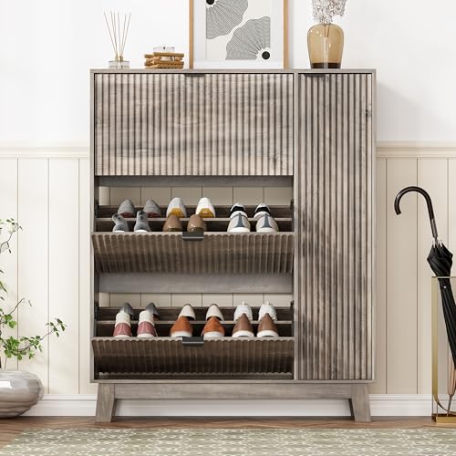 Image of Shoe Cabinet Storage for Entryway with 3 Flip Drawers & Side Cabinet, Fluted Narrow Shoe Organizer with Wooden Leg, Freestanding Shoe Storage Hidden Shoe Rack Organizer for Front Door Entrance, Grey