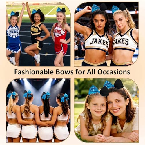 Large Cheer Bows, 8" Jumbo Cheerleading Hair Bows with Elastic Ponytail Holder, Handmade Grosgrain Ribbon Hair Accessories for Girls Softball, Volleyball, School Sports & Cheer Teams(BLK & BLU Sequin) — view 6
