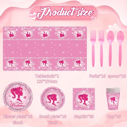 Hokoad 118 Pcs Girl Party Plates for Princess Pink Party Decoration, Serves 16 Guests Plates and Napkins Cup Tablecloth Dinnerware for Princess Doll Theme Girl Birthday Party Tableware