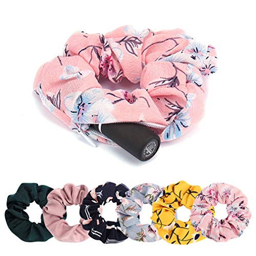 CUBACO 6 Pcs Scrunchies for Hair Satin Scrunchies with Zipper Elastic Hair Scrunchy Hair Tie Ponytail Holder Pocket Storage for Women Girls Hair Accessories (Floral cloth six)