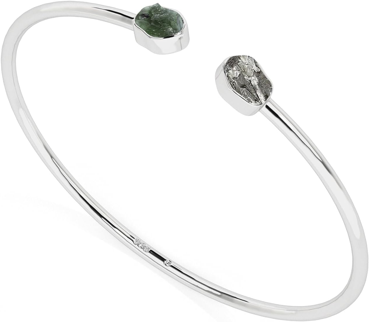Natural Rough Meteorite and Moldavite 2 Stone Adjustable Twister Bangle Bracelet for Women in Sterling Silver, Birthstone Jewelry Gifts for Her Birthday, Anniversary, Graduation